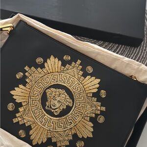 Versace Black Clutch with Gold Medusa Motif